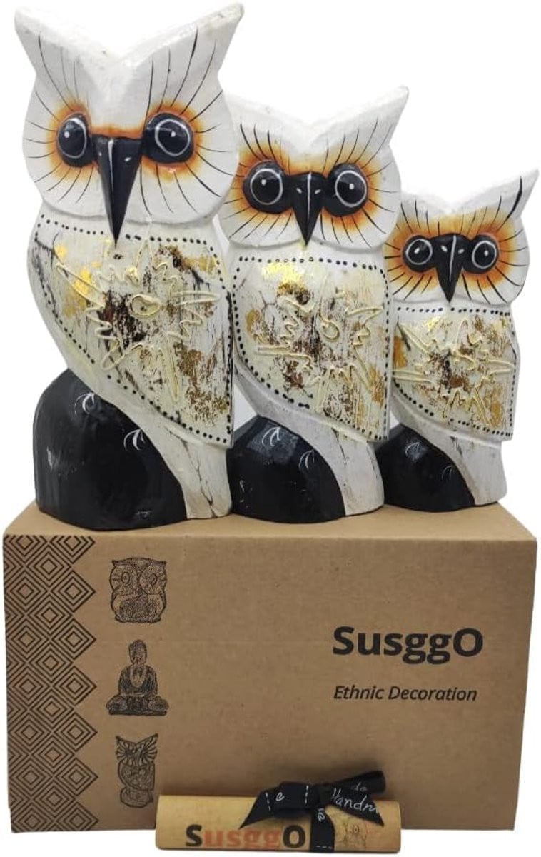 Set van 3 handgesneden houten uilenfiguren voor op tafel