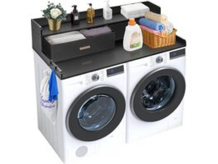 VEVOR Comptoir pour lave-linge et sèche-linge à 2 tiroirs avec étagère à 2 niveaux, surface de comptoir en bois, avec coussinets antidérapants, pour organisation et rangement de la buanderie, noir