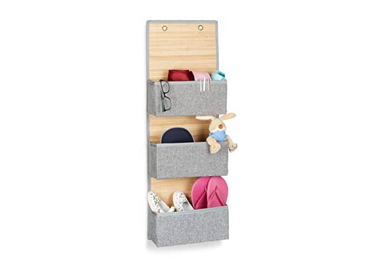 Relaxdays 10021796 Porte documents organiseur mural 3 compartiments porte salle de bain couloir HxlxP 94 x 33 x 12 cm bambou tissu\, gris