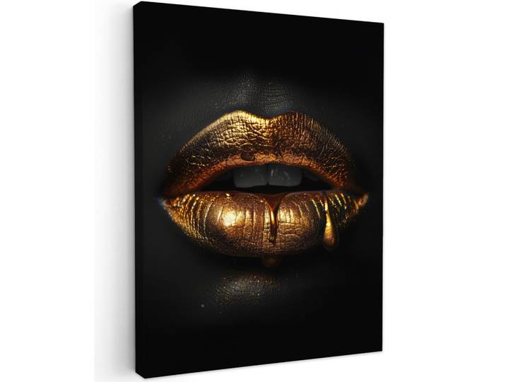 LEINWANDBILD Frau - Porträt - Lippen - Gold - Schwarz Wandbild Wohnzimmer 60x80 cm