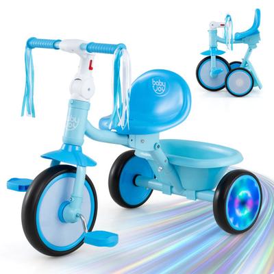 Costway Foldable Toddler Tricycle with Lighting Wheels and Basket for 2-5 Year Old-Blue