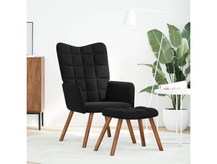 Relaxsessel mit Hocker Schwarzer Samt Samtstoff, Holzfüße, Metallgestell, gepolsterte Sitzfläche, Rückenlehne, Armlehnen, Fußstütze, Wohnzimmer, Büro