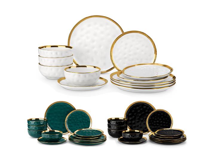 LOVECASA Ensemble de vaisselle en grès 12/24 pièces, 3 couleurs, avec 4 assiettes à dîner, assiettes à dessert et bols à céréales