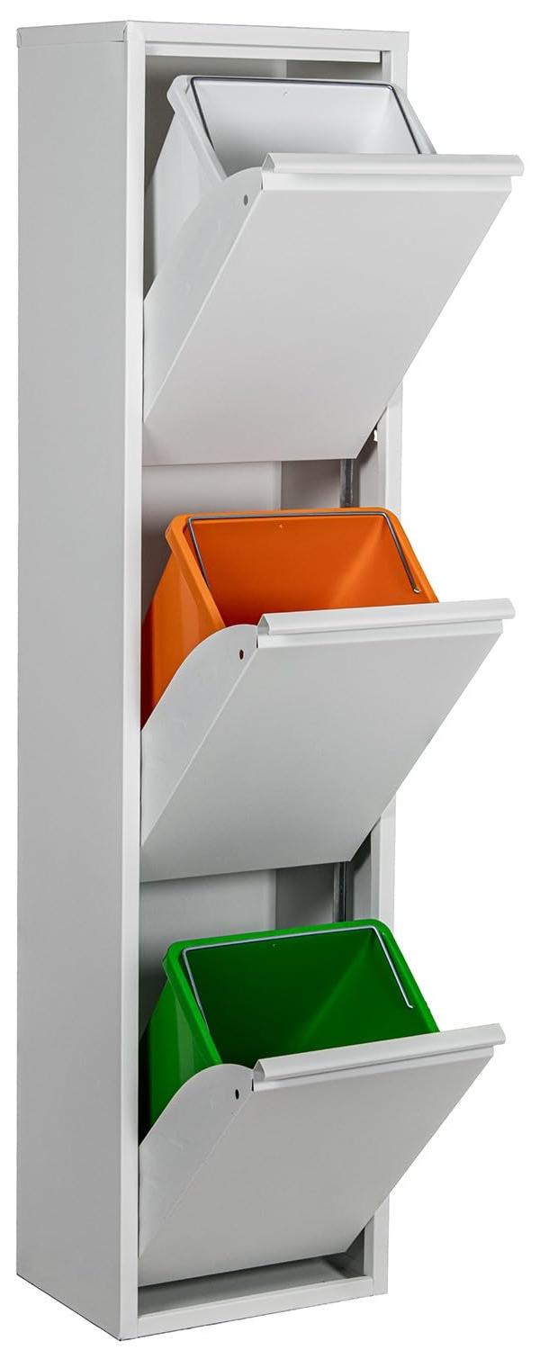 Recycling-Mülleimer mit drei Metalleimern, Weiß, 34x25x135 cm