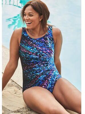 Plus Size Women's Chlorine Resistant High Neck One Piece Swimsuit by Swimsuits For All in Starburst (Size 28)