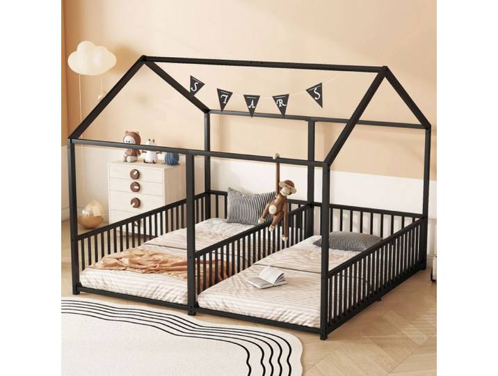 Lit en Métal Noir pour 2 Enfants 90x200cm - Garde-Corps Sécurité 3 Côtés - Design Créatif de Cabane - Parfait pour Frères et Sœurs