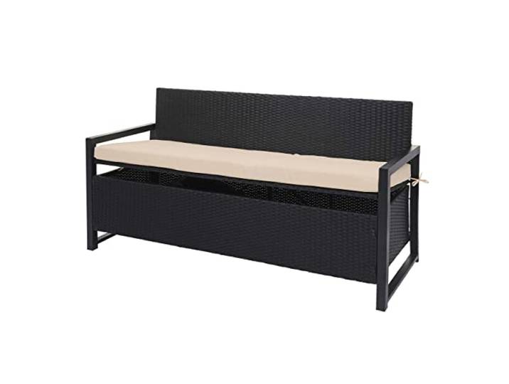 Mendler Poly-Rattan 3er Sitzbank HWC-F39 - anthrazit, Kissen beige Gartenbank, Truhenbank, Staufach, Aufbewahrung, Sitzkissen