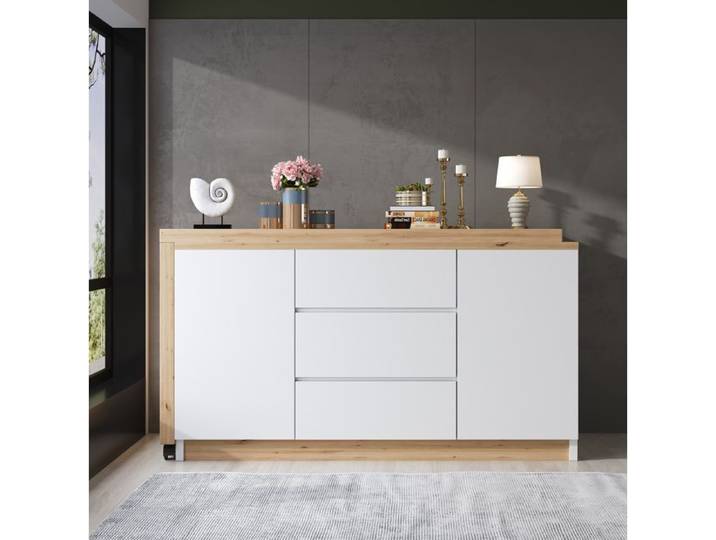 Bureau secrétaire pliant AESVAR 120 x 50 x 76 5 cm avec 2 portes et 3 tiroirs blanc et chene