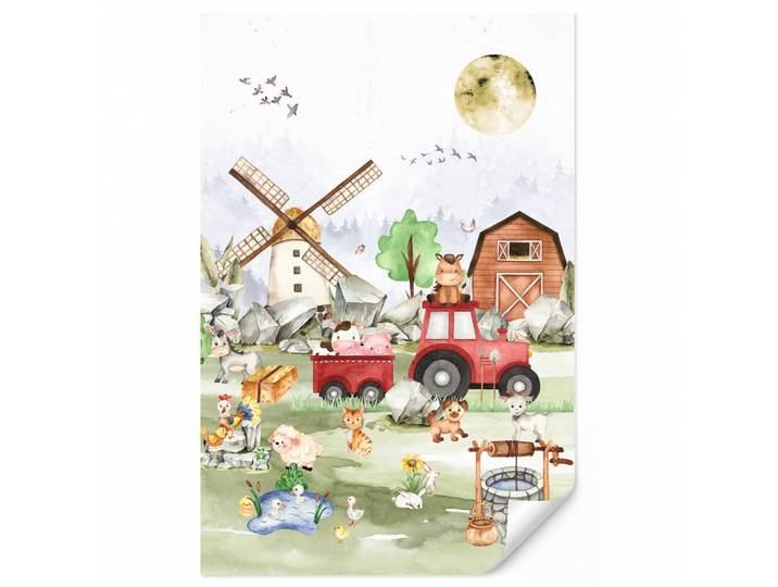 OnlyWow Kindertapete - Bauernhof - Traktor - Kinder - Tiere - 200x300 cm, Weiß, Papier, Rechteckig, 200x300 cm, Tapeten & Wandverkleidungen, Vliestapeten