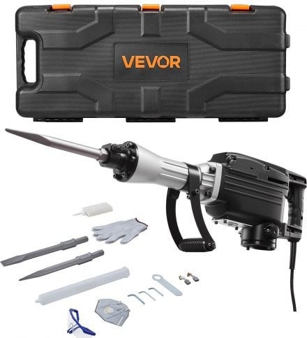 VEVOR elektrische sloophamer 2800 W met 1200 slagen per minuut, zwart aluminiumlegering, inclusief puntbeitel en platte beitel