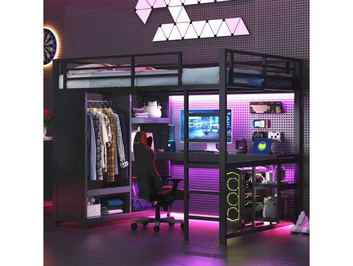 Lit mezzanine - CIPACHO - Mezzanine Gaming 140x200 - LED Bluetooth réglable - Bureau intégré - Armoire ouverte