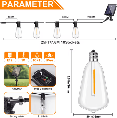 Inspire Curations ST38 Solar Bistro String Lights Dimmable Shatterproof Outdoor Lights With Remote 7.6m(25ft) 10bulb 1w 24v
