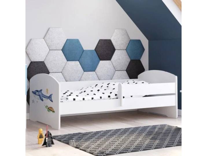 Lit enfant blanc LUK – 160x80 avec barrière et motif requin