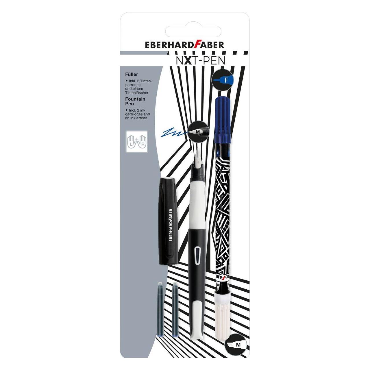 Magni EBERHARD FABER Füller Set NXT M Tintenlöscher 2 Patronen schwarz/weiss 4 Teile RH LH Blister (1x) (551001)