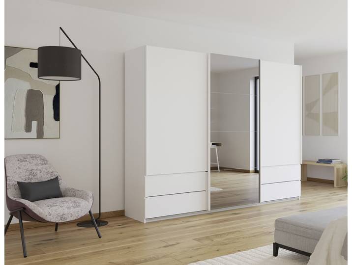 Schwebetürenschrank Elara mit Spiegel in grau , alpinweiß , 271 x 210 x 62 cm
