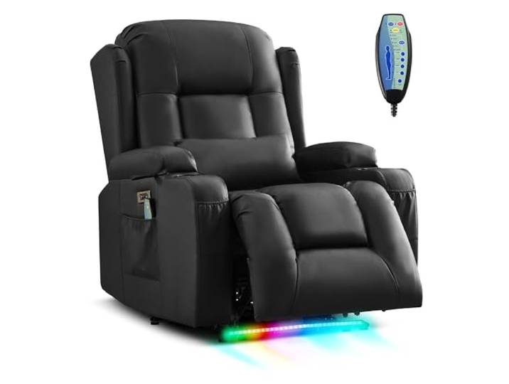 SITURAY Relaxsessel Fernsehsessel Elektrisch Verstellbar Massagesessel mit Liegefunktion Fußteil, Kunstleder TV Sessel mit Wärmefunktion, Kinosessel mit LED/USB für Wohnzimmer, bis 150 kg (1, Schwarz)