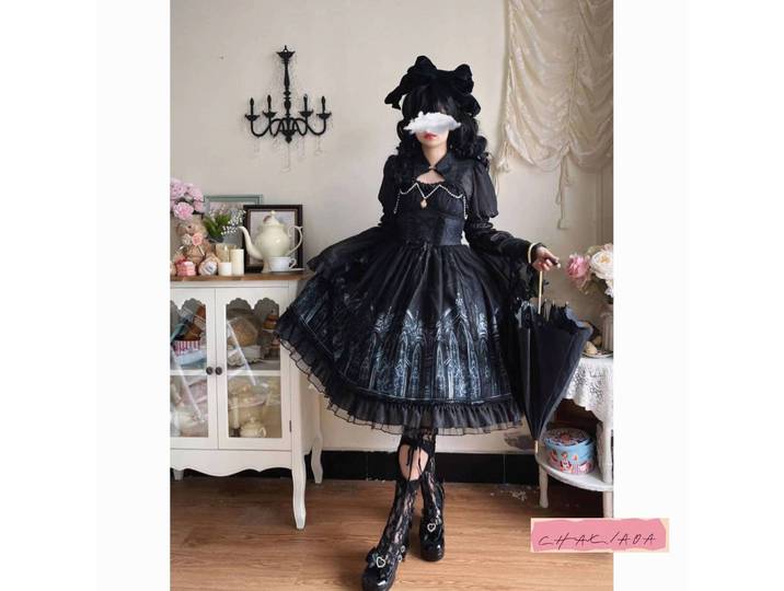 Robe gothique foncée à manches courtes, Design japonais, Kawayi Lolita Jsk, châle noir, fête d'halloween, automne hiver pour femmes