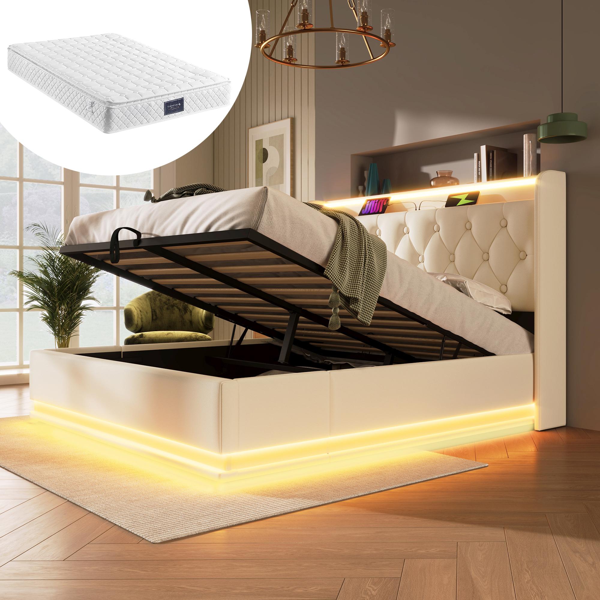 Polsterbett Doppelbett, 360-Surround-LED-Funktion, Drucktaste/App/Fernbedienung, 140*200 cm, weiß PolyurethanMaterial Hydraulisches Lagerbett