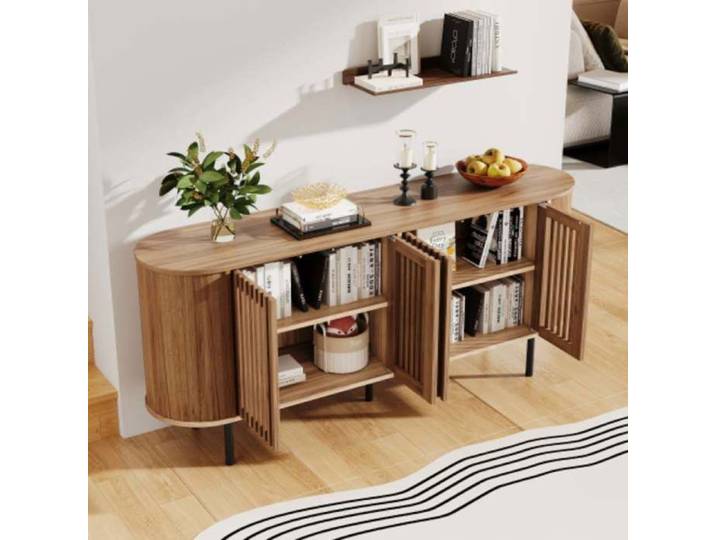 Enfilade 160cm Bois naturel 4 portes perforées pieds métal noir Buffet moderne salon Norevia