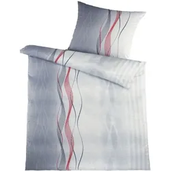 KH-Haushaltshandel 2-tlg. Seersucker Bettwäsche 135x200 +80x80cm, grautöne rot, Wellen, bügelfrei