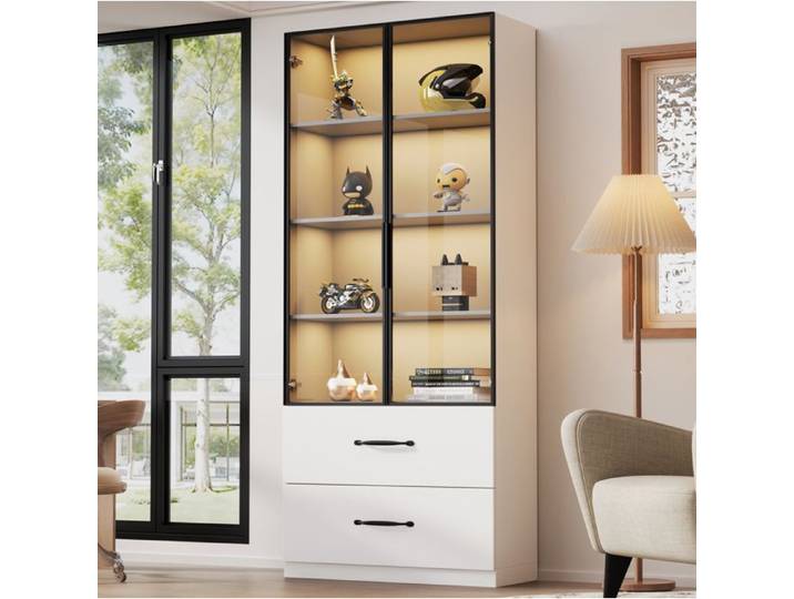 Vitrine 2 Portes Vitrees et 2 Tiroirs avec LED Multicolore - YEAVIO - Cadre en Aluminium pour Salon 60×40×160 cm