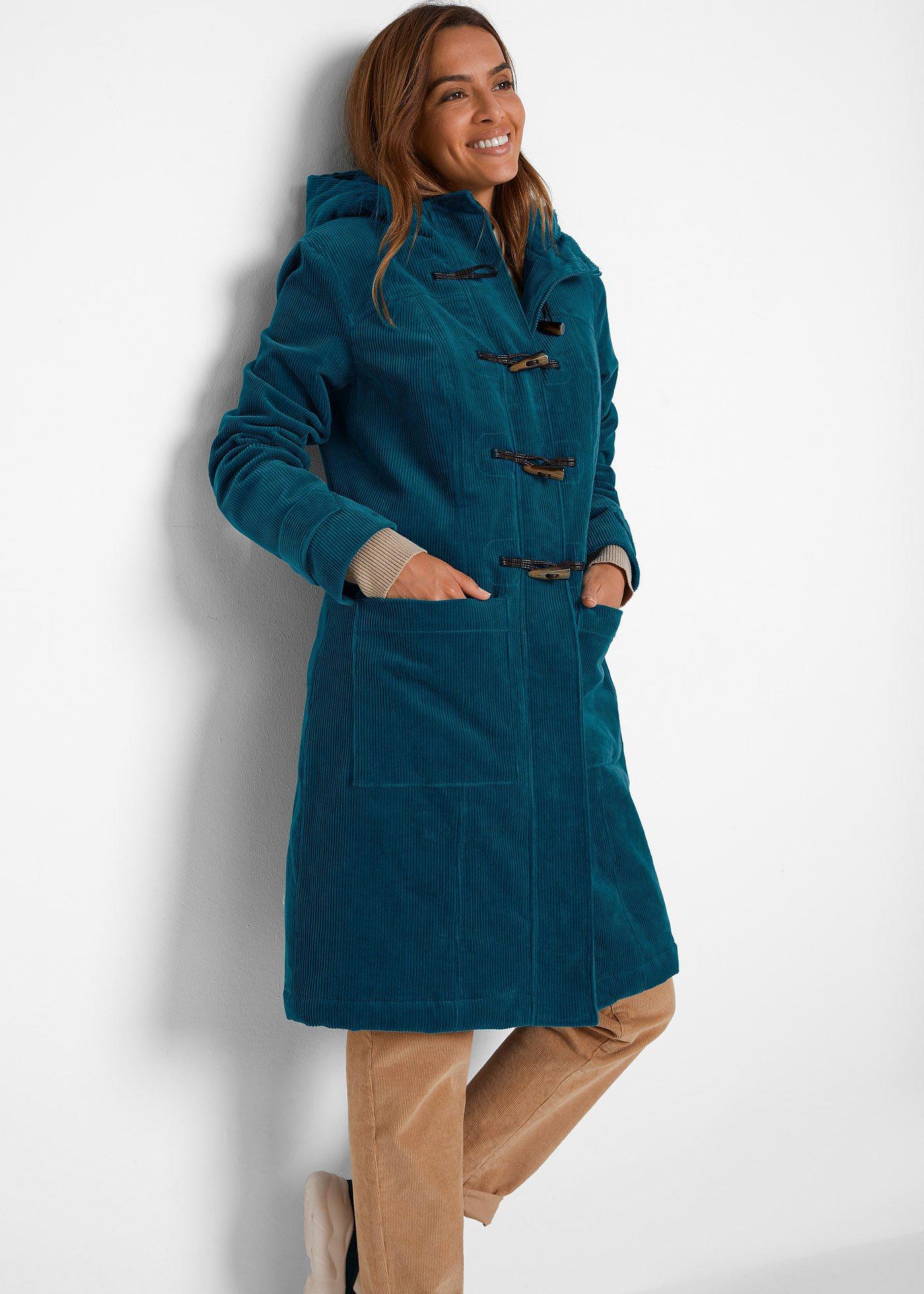 bonprix Gefütterter Cord-Dufflecoat, petrol, Gr.50, Gefütterter Cord-Dufflecoat mit Kapuze und Knebelknöpfen, aus Cord