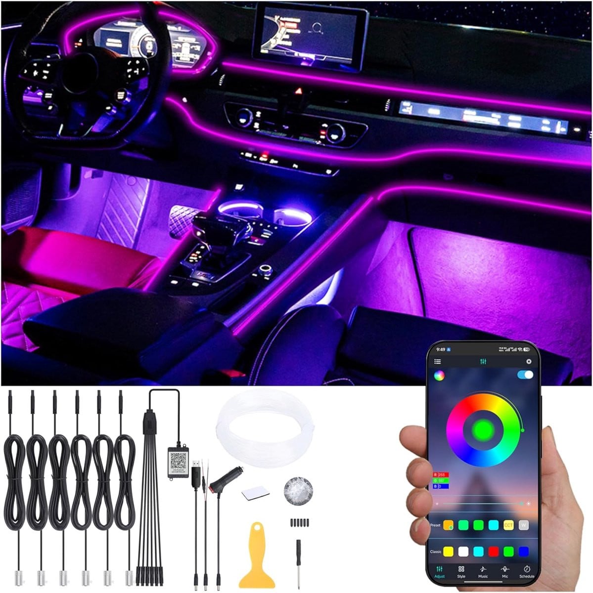 Auto Ambient Verlichting Fiber Optic Kabel met 64 Kleuren en App-besturing - Muziek Geluid Actief Sfeerverlichting