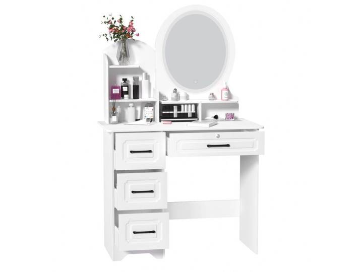 Coiffeuse avec miroir - WILITTO - en panneaux écologiques - 4 tiroirs - 3 options d'éclairage - étagères ouvertes - 80x40x137cm