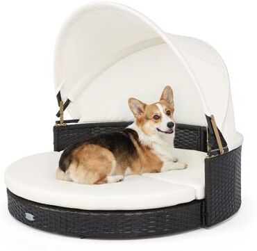 Costway Wicker Dog House with Retractable Canopy & Removable Cushion for Small Medium Dogs-White