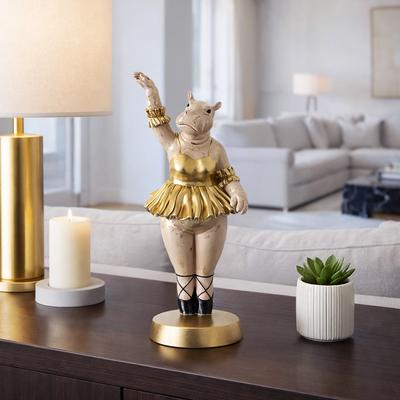 Sagebrook Home "Decorative Ballerina Resin Hippo Figurine with Base - 16"", Gold & Gray - 15.75"""