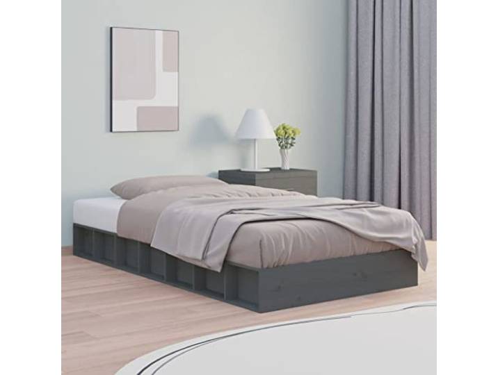RJPLMFV Bettgestell, Massivholz, Grau, 75 x 190 cm Massives Kiefernholz, Lattenrost inklusive, niedriges Design, kleines Schlafzimmer
