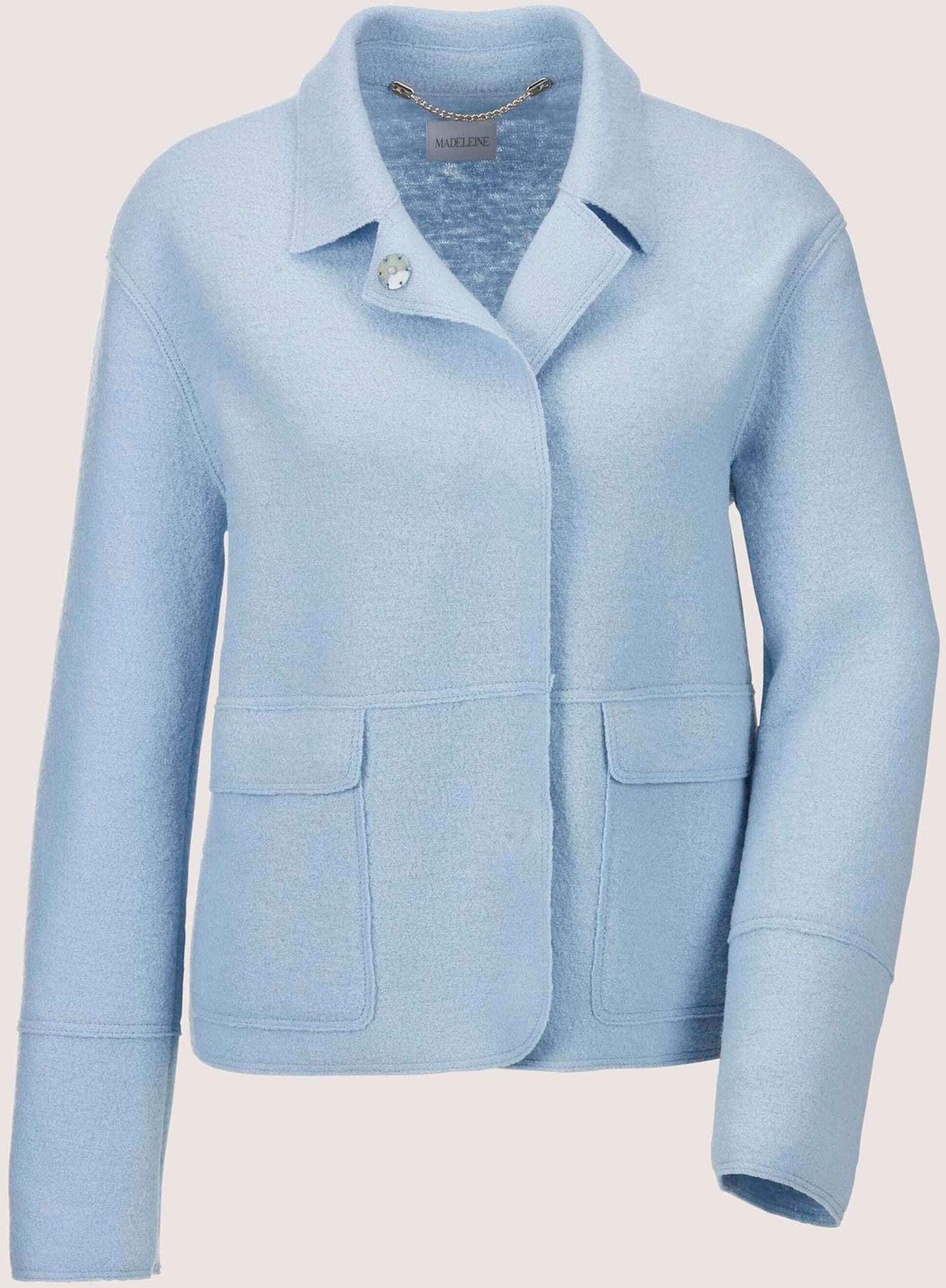 Kurzblazer MADELEINE "Kurzblazer Wollblazer mit Klappkragen und Pattentaschen", Damen, Gr. 48, blau (bleu), Obermaterial: 100% Schurwolle WV., Modern, normal, Blazer Kurzblazer, Wollblazer in Leichtverarbeitung, gekochte Wolle