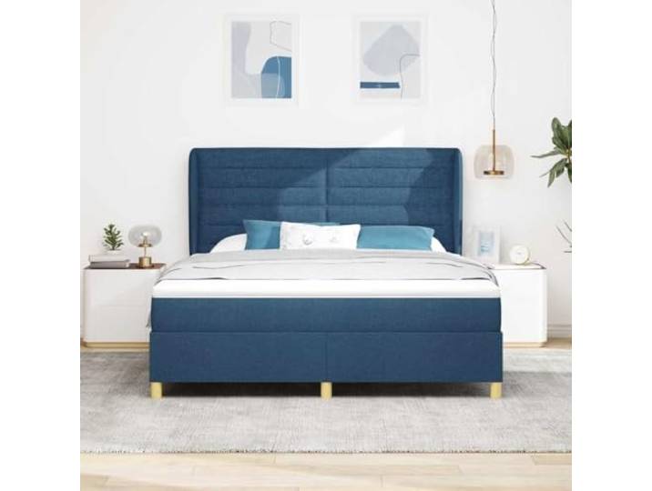 KTHLBRH Doppelbett Blau 200 x 180 cm mit Matratze Struktur aus Holz, Stoff, verstellbares Kopfteil, 280 kg Kapazität