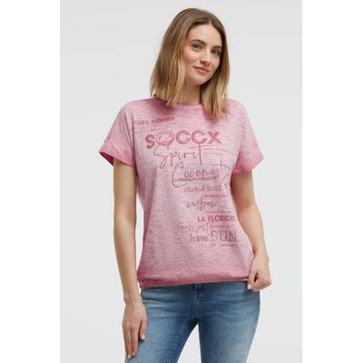 Rundhalsshirt SOCCX, Damen, Gr. XS, beachy rot, Web, Material: 100% Baumwolle, bedruckt, oversize normal, Rundhals, angeschnitten, Shirts Rundhalsshirt, mit Gummizug im Saum