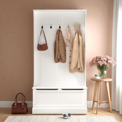 Fundinbaths Entryway Hall Tree with Coat Rack, Shoe Storage Bench & 5 Hooks, MDF Entryway Organizer with Lift-Top Storage