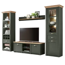 WOHNWAND grün, Wotan Eiche Landhaus, Wohnkombination 4-teilig 308 cm
