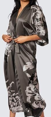 KIM + ONO Kiku Long Washable Silk Kimono Robe   KIM+ONO - charcoal / one size