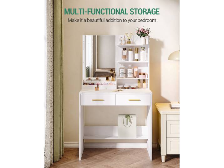 Coiffeuse avec miroir, unité de toilette avec 4 étagères ouvertes et 2 compartiments, coiffeuse avec 2 tiroirs