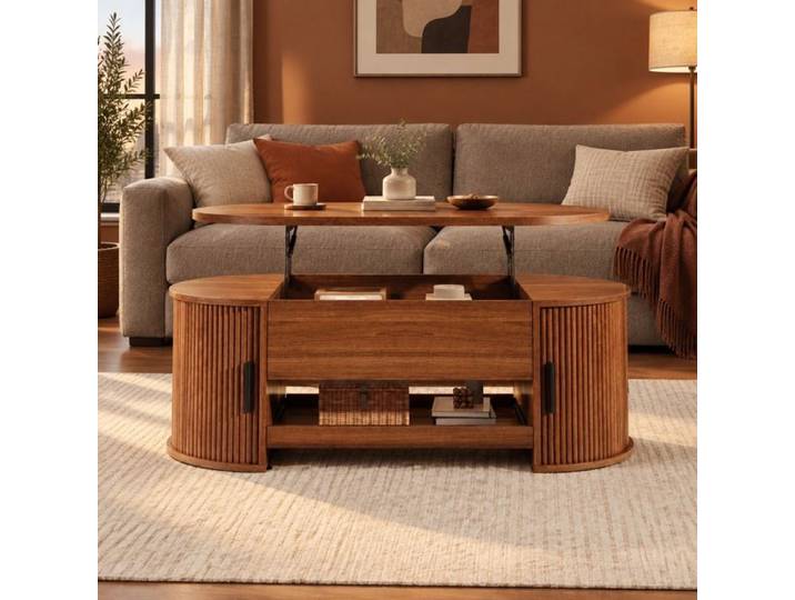 Table basse relevable 110x55 cm avec rangement portes coulissantes plateau coulissant MDF noyer Grjofek