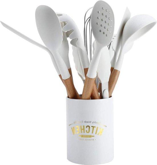 11-delige siliconen kookgerei set met houten handgrepen, wit