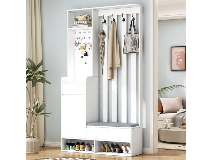 Ensemble entrée blanc H180xL100xP35 banque de rangement rembourrée armoire à chaussures multifonction panneau perforé