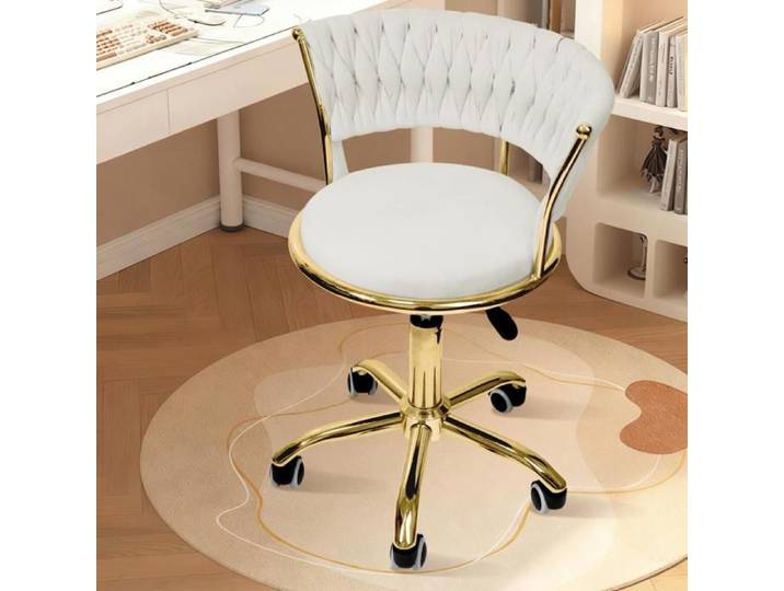 Tabouret de Bureau à Roulettes - Tabouret de Maquillage avec Dossier - Rotatif à 360° - Hauteur Réglable - 51x44x63-76cm - Blanc