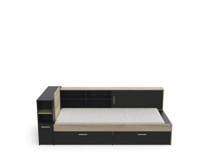 Demeyere Lit 90x190/200 Industriel Avec Rangement 2 Porte 6 Niches 2 tiroirs – Noir Mat und Chêne Clair 119,2 x 229,4 x 87,7 cm