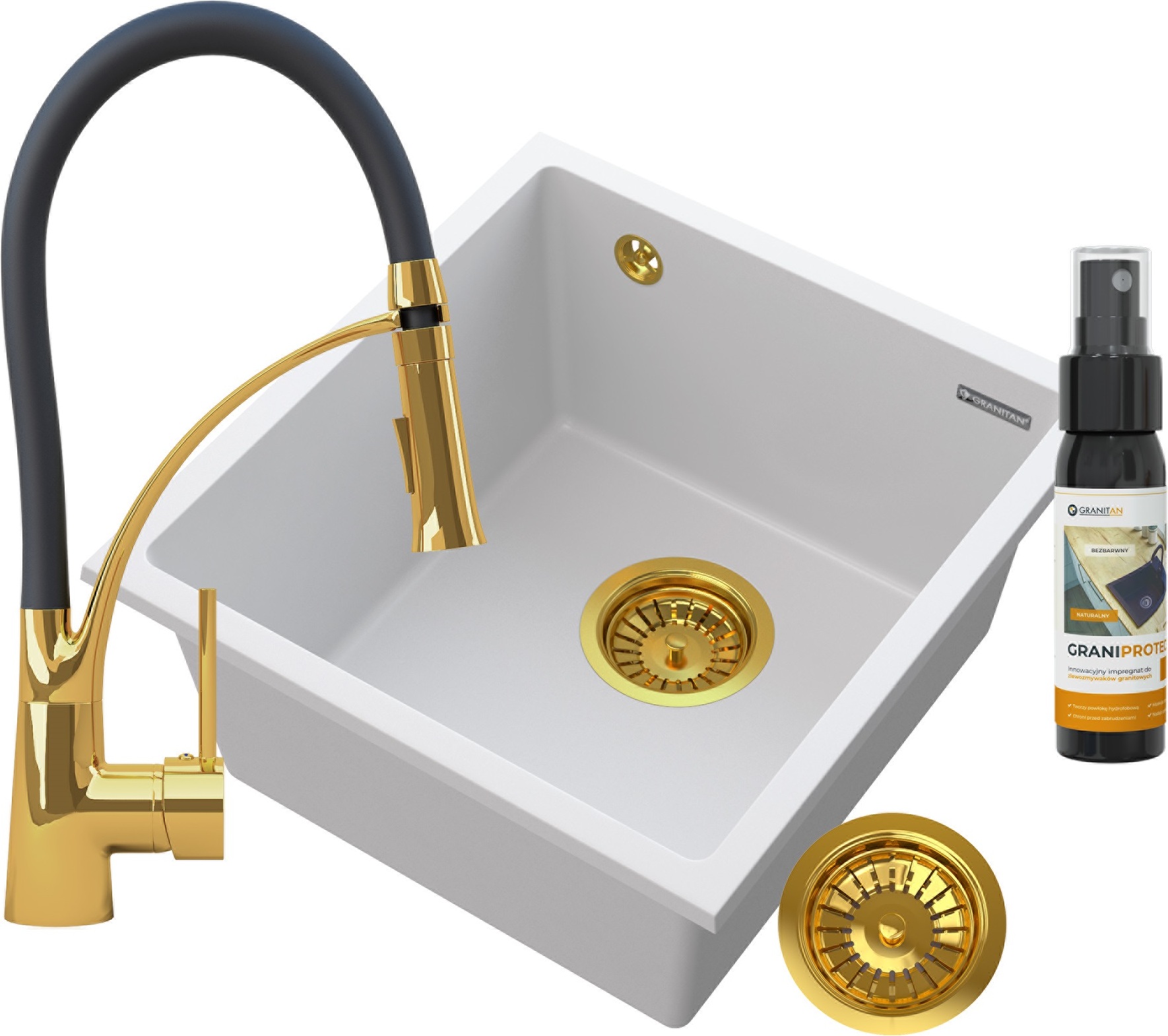Granitan - Unterbauspüle - Granitspüle - 45 cm - Weiß - mit Ablaufgarnitur Gold & Zubehör - Küchenspüle