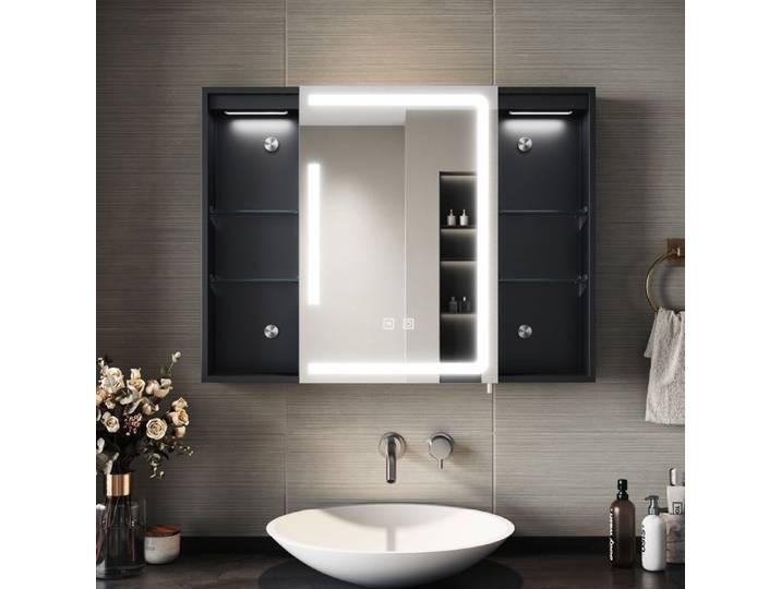 SIRHONA Armoire Miroir Salle de Bain Anti-buée Tactile Miroir avec Armoire de Rangement Noir 80x60x13cm