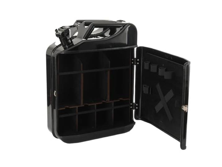 TABODD 20L Kanister Mini Bar mit 4 Herausnehmbaren Fächern, Jerrycan Schwarzer Metall Mobile Bar Minibar Schrank Weinlagerung mit Flaschenhalter für Männer Papa, Abschließbarer - 36x47x17cm