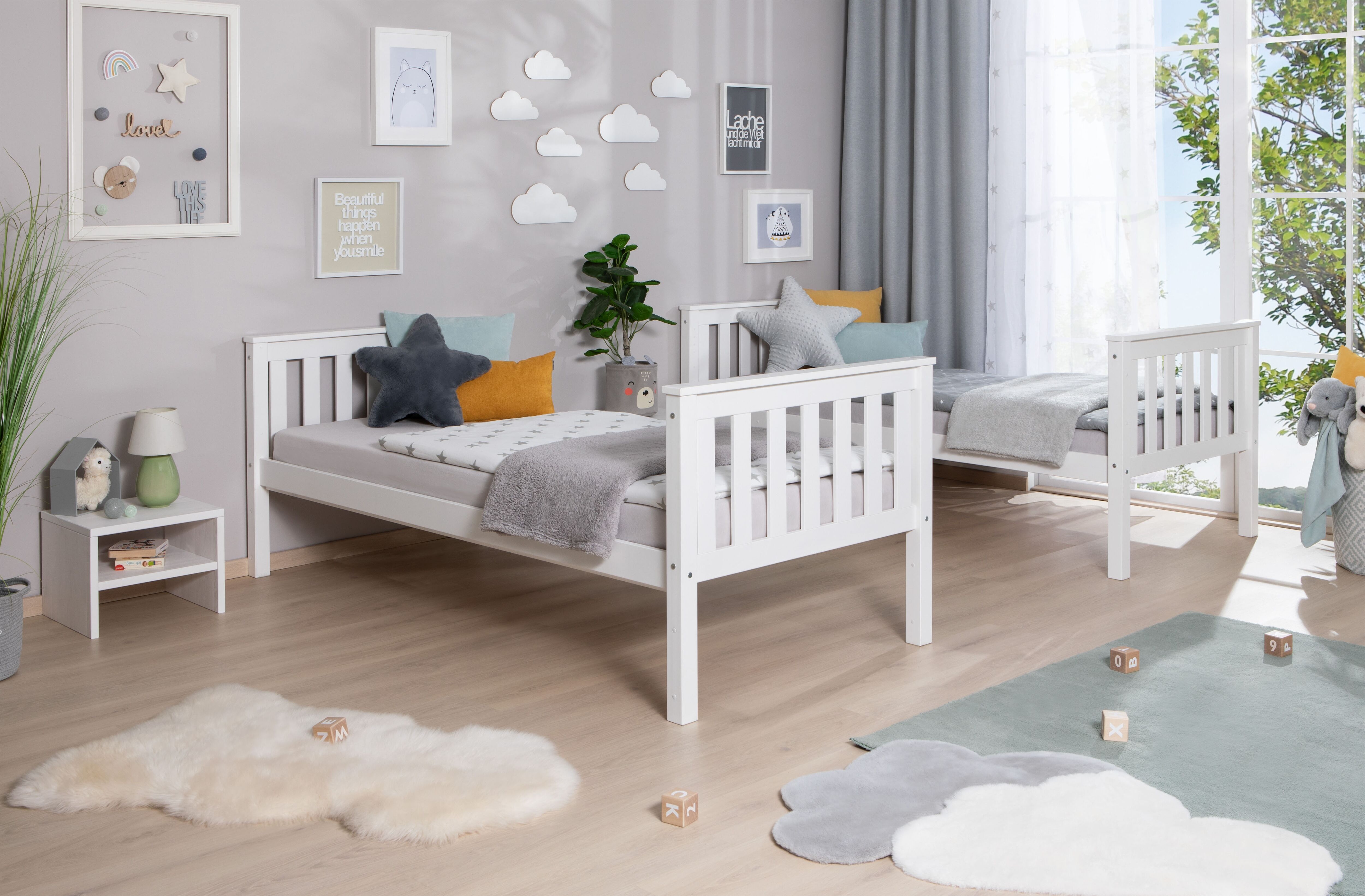 Etagenbett TICAA "Sammy", weiss (kiefer massiv weiß), B:103,5cm H:160cm L:213cm, Etagenbetten, Etagenbett, mit Rollrost, Kiefer kiefer massiv weiß Liegefläche B/L: 90cm x 200cm H: 160cm, kein Härtegrad, ohne Matratze