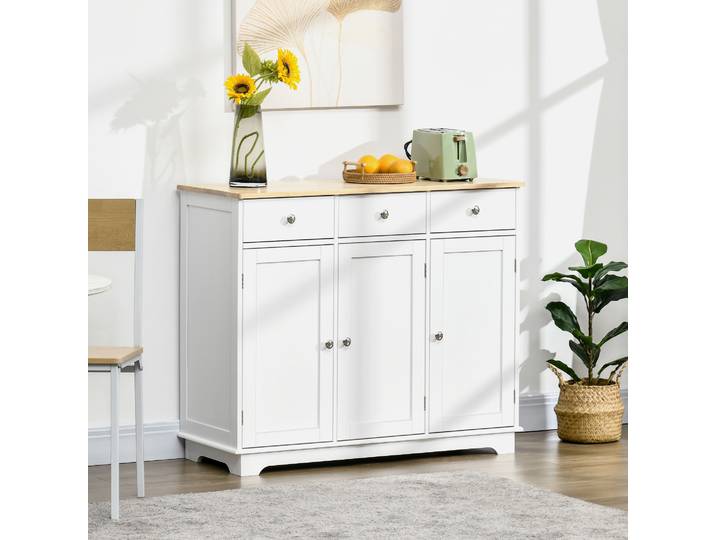HOMCOM Buffet Cuisine Bois Massif 3 Tiroirs 3 Portes Blanc Chêne