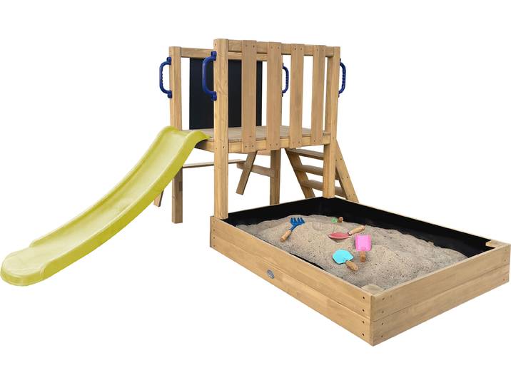 AXI Leah Mini Spielturm aus Holz in Braun mit hellgrüner Rutsche Kleiner Spielturm für Kinder mit Sandkasten, Picknicktisch und Kreidetafel