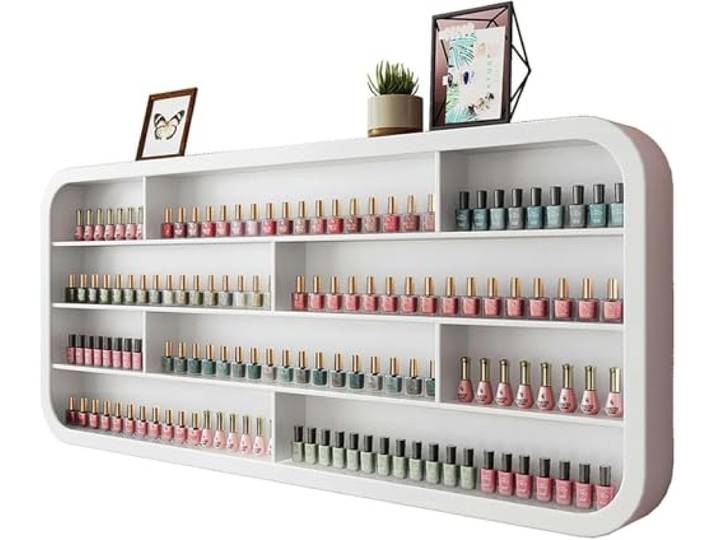 XRPOUXMTE Weißes Nagellackregal aus Holz, wandmontierte Kosmetikvitrinen, Regal-Organizer für Flaschen mit ätherischen Ölen, Parfüm-Aufbewahrungsschrank (1,2 m)